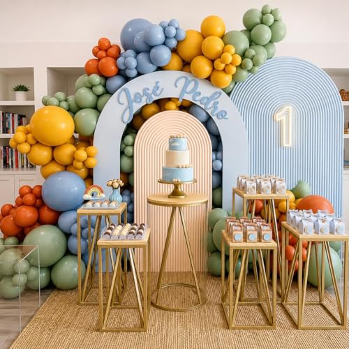Image of Boho Rainbow Balloons Assorted Colors Dusty Orange Yellow Balloon | 12Inch Green Blue Retro Colorful Balloon for Safari Forest Dino One Birthday Party Thanksgiving Fall Autumn Baby Shower Decor