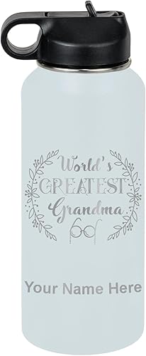 Miniatura 14 de LaserGram Botella de agua personalizada, World's Greatest Grandma, acero inoxidable de doble pared aislada al vacío con popote superior, regalo
