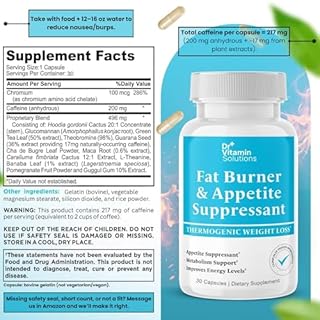 Fat Burner for Women & Men - Appetite Suppressant for Weight Loss - Pills w/Metabolism Booster Thermogenic Weight Loss Supplement - Chromium, Caffeine & Green Tea - 30 Capsules