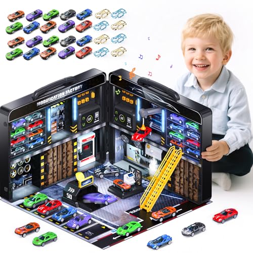 Car Toys Gifts for 3 4 5 6 Year Old Boys, Suitcase Auto Repair Toys Include 20 PCS 1:64 Die-Cast Vehicles, Car Toys With Spray, Light & Sound, Ideas...