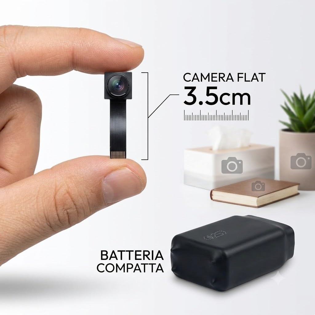 Mini Telecamera WiFi Full HD 1080p, Nera, con Rilevamento Movimento, Batteria Integrata, Controllo via App, Micro Obiettivo 3mm