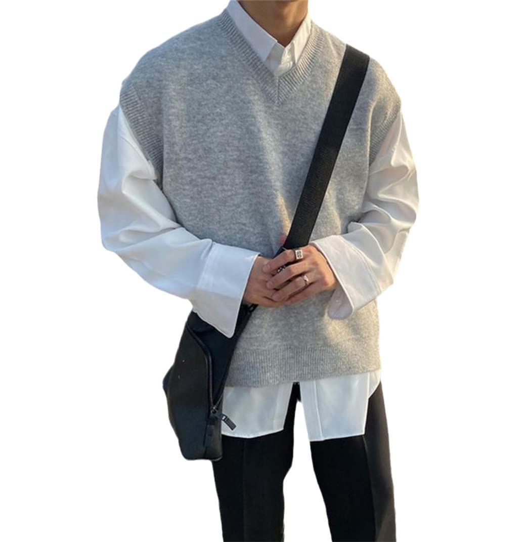 Chaleco de suéter gris claro XXL para hombre con cuello en V de estilo coreano suelto 4