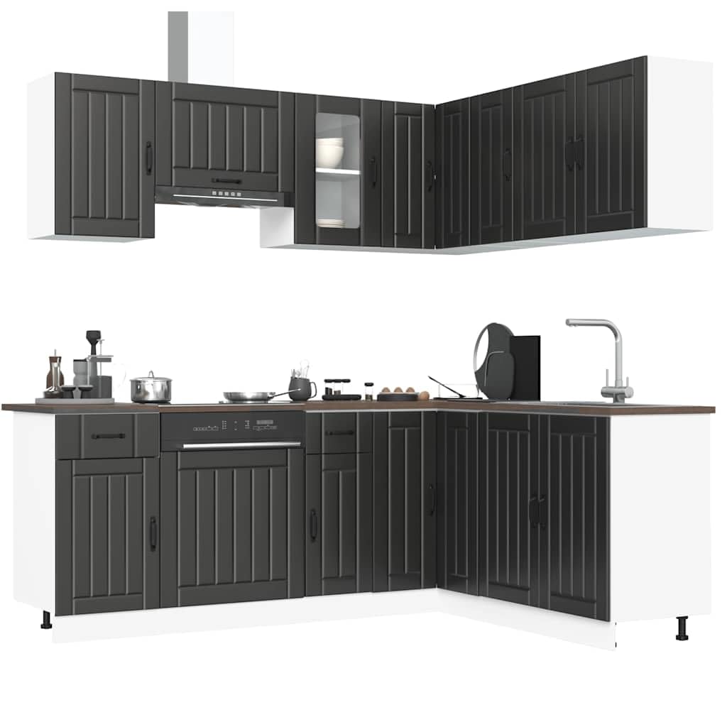 Ensemble d'armoires de Cuisine 11 pcs Kalmar Bois d'ingénierie Noir avec Rangement spacieux tiroir Porte Vaisselle casseroles ustensiles pour cellier Salle et comptoir