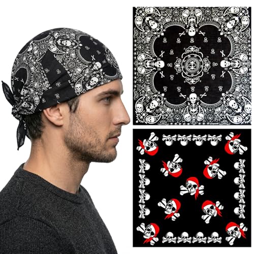 GWEOR Pack de 2 Bandanas de Pirata con Diseño de Calavera, Pañuelo Multifuncional para Moto, Halloween y Fiestas Temáticas, Cinta para la Cabeza de Algodón para Hombre y Mujer (Rojo y Negro)