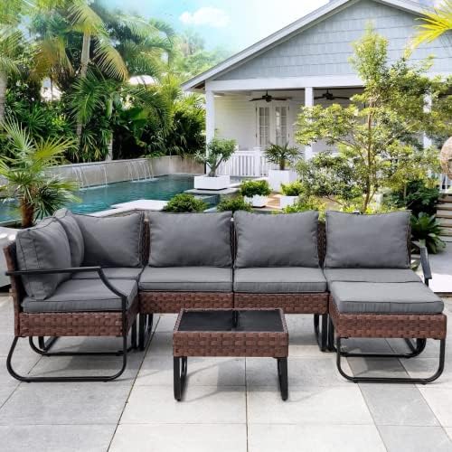 LUCKWIND Patio Conversation Set Sectional Sofa Couch Modern-7 Pieces All-Weather Brown Wicker Rattan Outdoor Furniture Sets Metal Frame Seating Cushion Glass Coffee Table Accend Pillow, Grey