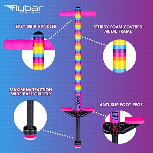 Image of Flybar Jolt Pogo Stick for Kids, Perfect for Beginners w / Foam-Covered Metal Frame, Handles & Padding, Non-Slip Foot Pads, Wide Tip, Outdoor Active Play Toy for Boys & Girls, Ages 6+, Rainbow