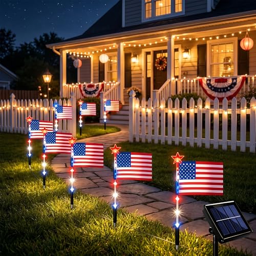 8 Pack Solar American Flag Pathway Lights-4th of July Outdoor Decor American Flag Lights Patriotic Pathway Lights for 250th Anniversary Celebration Independence Yard Garden Day Decor (8 PCS)
