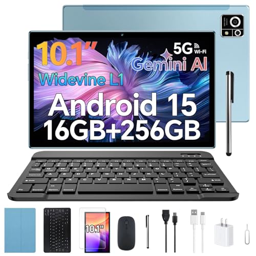 Tablet M8 Android 15 with Keyboard ,16GB+256GB 10.1 inch Tablets, 8000mAh Battery, 8-Core, Widevine L1, 2.4Ghz /5G, Dual Band WiFi/Bluetooth, 5/13MP Cameras Bundle with Case, Mouse & Stylus (Blue)