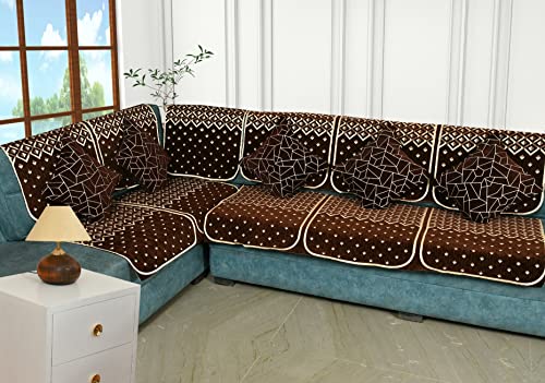 Image of Premium 5 Seater Printed Sofa Cover Set 3,1,1 Seater 10 Pieces Sofa Back Slip Panels, Protector for Single Seater (Coffee, L Shape with Cushion Cover)