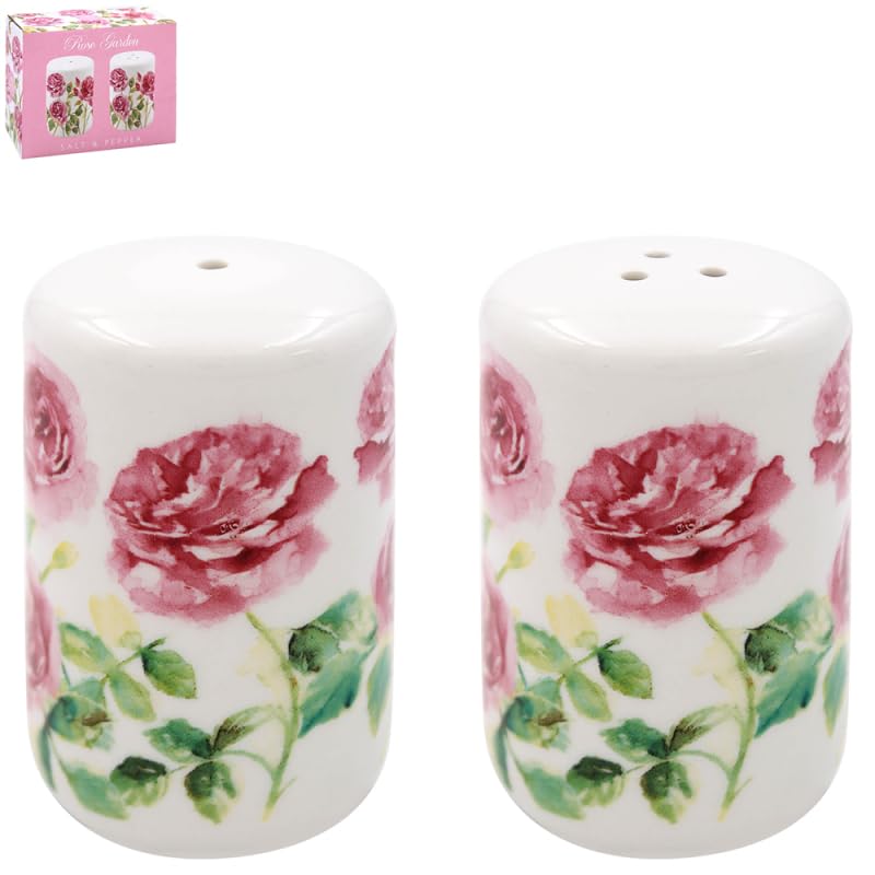 Rose Garden Ceramic Salt & Pepper Shakers Pots Floral Vintage Pink Roses Flowers