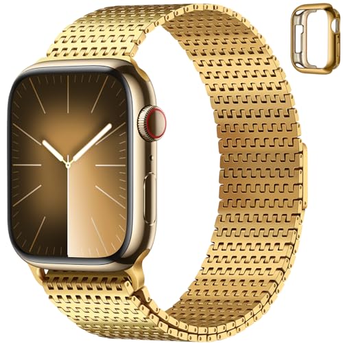 Anlinser Bands Compatible with Apple Watch Band 45mm 44mm 42mm for Women Men, Magnetic Metal Bands Stainless Steel Loop Strap with Case Designed for iWatch Series 9 8 7 6 5 4 3 SE, Gold