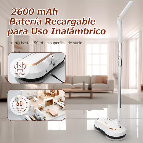 AlfaBot S2, Frefona Eléctrica Inalámbrica 400ML, 60min de Autonomía, Mopa Eléctrica sin Cable con Función de Pulverización y LED, Para Limpiar, Fregar y Pulir para Suelos de Madera y Baldosas - imagen 6