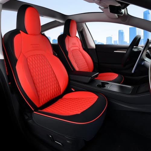 Image of Coverado Car Seat Covers for 2017-2023 Tesla Model 3, Car Seat Covers Full Set 5 Seater, Leatherette Car Seat Covers Front Seats and Back Custom for Tesla Model 3 BlackRed