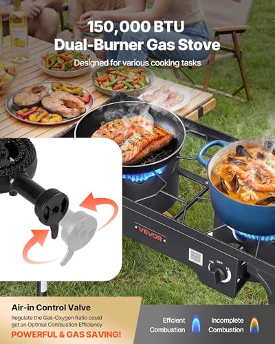 Image of VEVOR 2 Burner Outdoor Propane Gas Stove, 150,000 BTU Propane LPG Gas Camping Stove, Heavy-duty Carbon Steel Outdoor Cooker, with 2 Wheels & 20 PSI Regulator & Hose, for BBQ Camp Home Patio Backyard