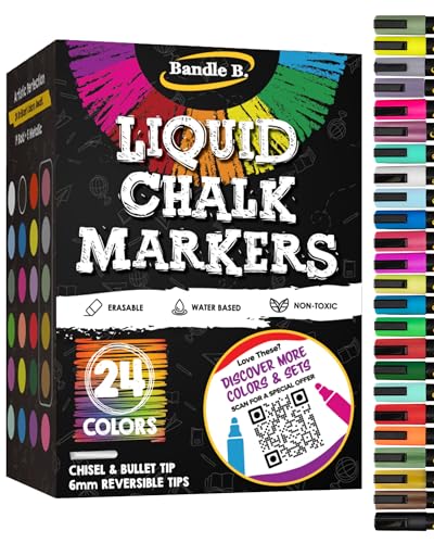 Bandle B. Chalk Markers - 24 Vibrant, Erasable, Non-Toxic, Water-Based, Reversible Tips. For Glass or Chalkboard Markers for Businesses, Restaurants, Liquid Drawing Chalk (Vibrant 6mm)