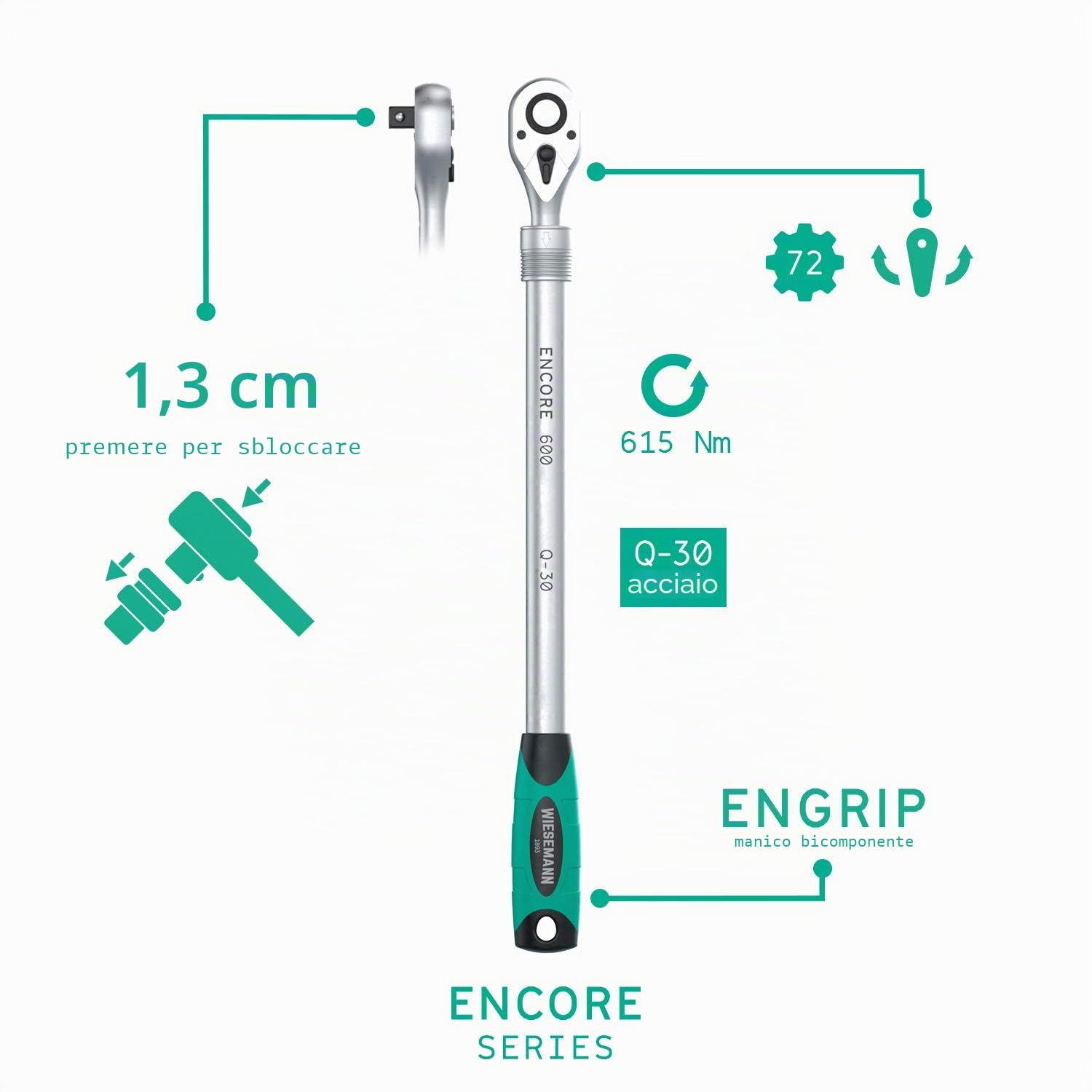 Cricchetto telescopico da 1/22 ENCORE 600 45-60 cm WIESEMANN 1893 I chiave a cricco telescopica per lavori che richiedono coppie elevate a 615 Nm I con 72 denti e funzione di commutazione I 81338