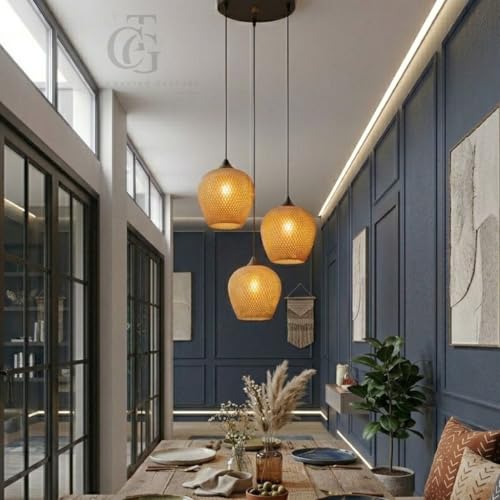 Image of Boho Set of 3-Heads of Tapered Drum Pendant Lights|Wooden Woven Cluster Hanging Lamp for Dining Table, Cafe & Living Room Decor