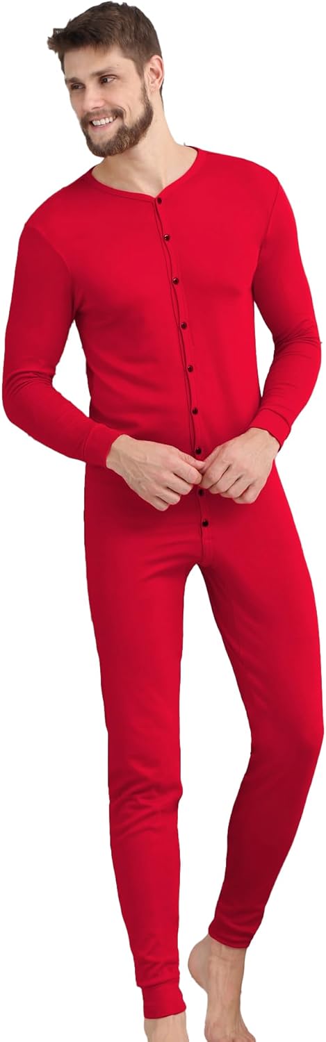 COLORFULLEAF Men's Cotton Thermal Underwear Union Suits Henley Onesies Base Layer - Image 3