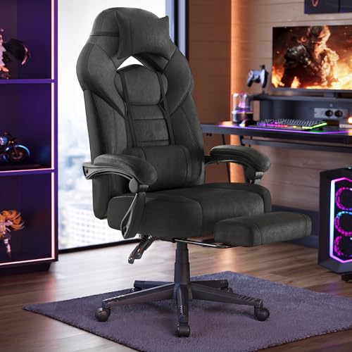 SONGMICS Chaise de Jeu, Chaise d'Ordinateur, Ergonomique, avec Repose-Pieds, Coussin de Tête Ajustable, Support Lombaire, Capacité de Charge de 150 kg, Noir d'encre OBG077BH21