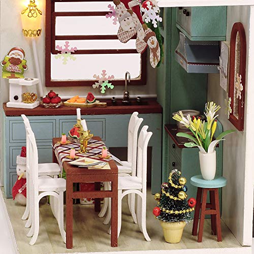 Christmas Doll House Miniature Dollhouse Kit DIY Wooden Mini House Model Dollhouse Accessories with Furniture Set Toy Plus Dust Proof Cover Assembled Cabin Handcrafts Educational Toys for Kids Adults