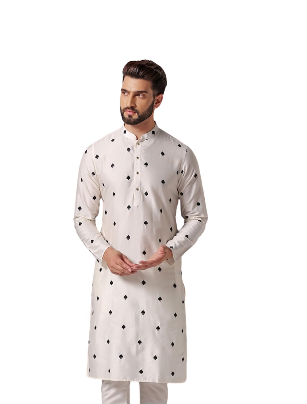 Kisah Mens Kurta, Cream Cotton Blend, Embroidered Regular Fit Long Sleeves Mandarin Collar (S)