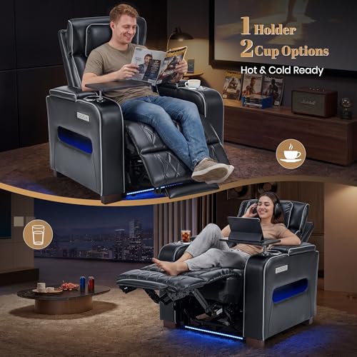 Image of Luxury Home Theater Seating, Dual Motor Power Recliner Chair with Adjustable Headrests, Reclining Movie Theater Seats with Extended Footrest, Tray Table for Living Room (Black)