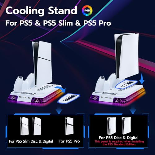 Mcbazel PS5 Pro/PS5 Slim対応 冷却ファンスタンド デュアルコントローラー充電ステーション RGBライト搭載＆ヘッドセットフック付き ディスク版/デジタル版両対応 冷却ファン内蔵 スタンド-ホワイト