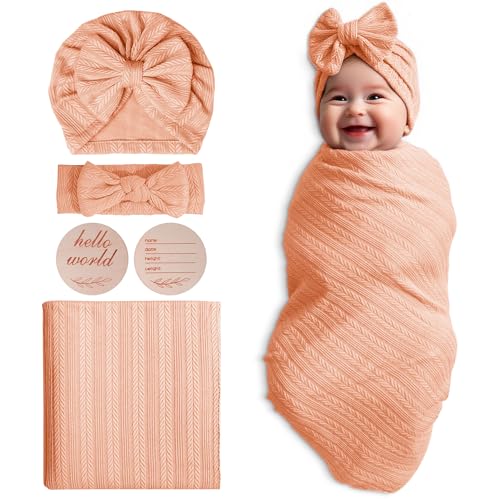 Image of Golener Muslin Swaddle Blankets - Sleepea Swaddle with Bow Headbands, Hats Set and Newborn Name Announcement Card, Stretchy Baby Blankets for Girls&Boys Unisex, Perfect for Newborn Photos (Peach)