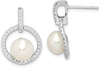 Prata esterlina 925 9 mm botão branco pérola cultivada em água doce zircônia cúbica CZ Post Stud Brincos Drop Dangle Joias finas para mulheres presentes para ela, Pérola, Zircônia cúbica Pérola