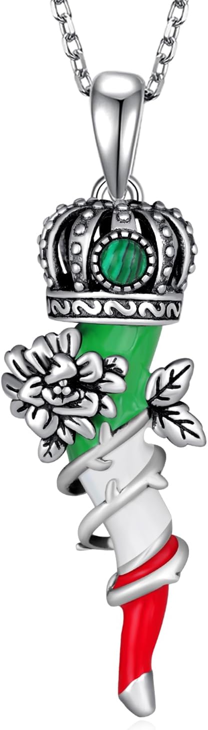 Italian Horn Necklace for Women 925 Sterling Silver Italian Horn Malachite Necklace Italian Jewelry Gift for Women Men