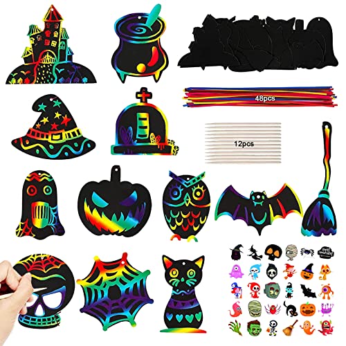 Halloween Arts à Gratter,Papier à Gratter Magique Halloween avec Corde Colorée et Baton de Bois Arts Artisanat à Gratter de Halloween Dessin Gratter en Papier Scratch Art Enfants Motifs d'halloween Cover