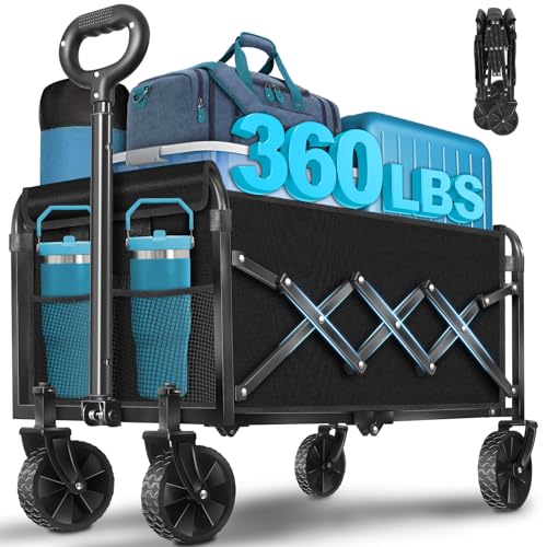 Image of Collapsible Wagon Cart with Wheels Foldable: 360LBS Heavy Duty Folding Utility Wagon - Portable All Terrain Grocery Wagon Cart for Groceries Shopping Outdoor Camping Fishing Sports (Dark Black)