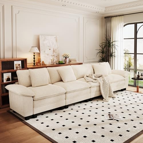 Image of PHI VILLA Cloud Modular Couches Sets, 157.5 inch Sectional Sofa with Upholstered Deep Seat, 4-Seater Long Couches for Living Room Apartment, Corduroy Fabric, Beige