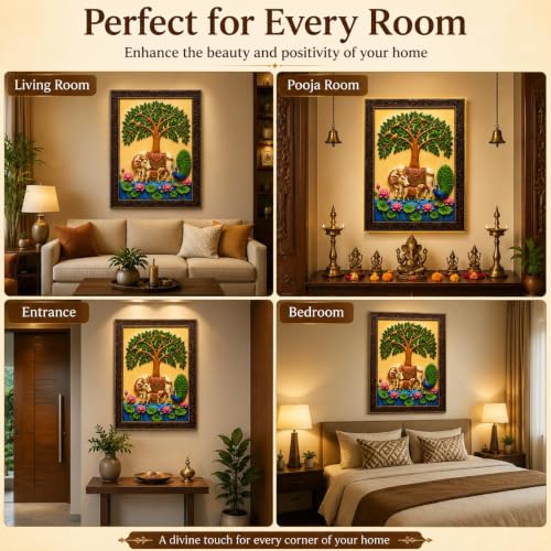 Image of Kamadhenu Cow & Calf Wall Photo Frame with Tree of Life, Peacock & Lotus |Religious Wall Decor for Living Room, Pooja Room & Bedroom | Vastu Home Decoration | Housewarming Gift
