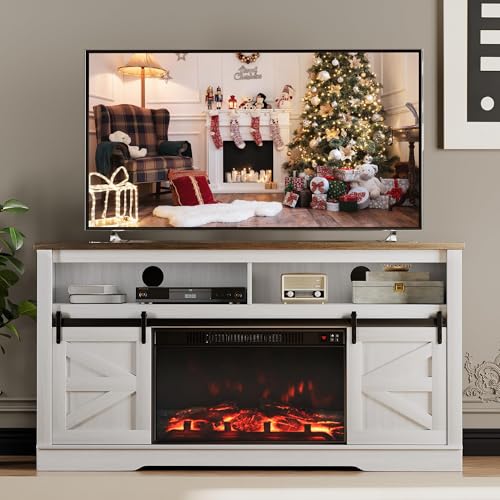 Image of JUMMICO Fireplace TV Stand for 65 Inch TV with 26'' Fireplace(Milk White)