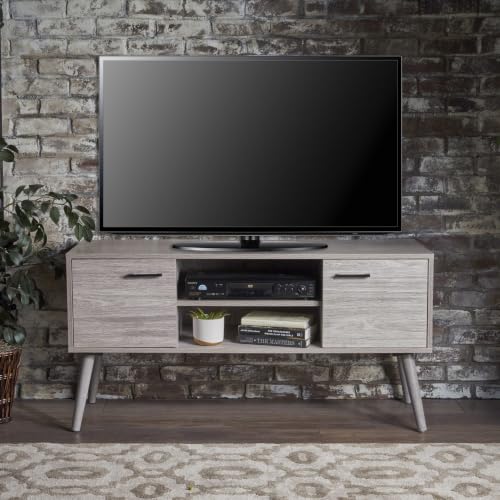Image of Riva Engineered Wood TV Cabinet & Entertainment Unit | Modern TV Stand with 2 Storage Cabinets & Open Shelves | Solidwood Legs | Mid-Century Design | Ash Grey Finish