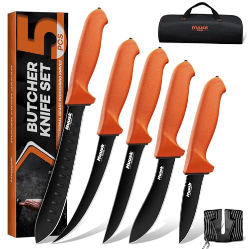 Huusk 5pcs Butcher Knife Set - Professional Meat Processing Kit with Non-Slip Orange Handle, German Stainless Steel Granton Butcher, Skinning, Curved Boning, Caping Knife with Roll Bag Gift for Men