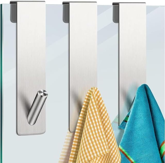 LuksyolCAZADORA Stainless Steel Shower Door Hooks - No Drill Towel Hangers for Bathroom, Corrosion Resistant, Easy Install, Glass Shower Decor (3)