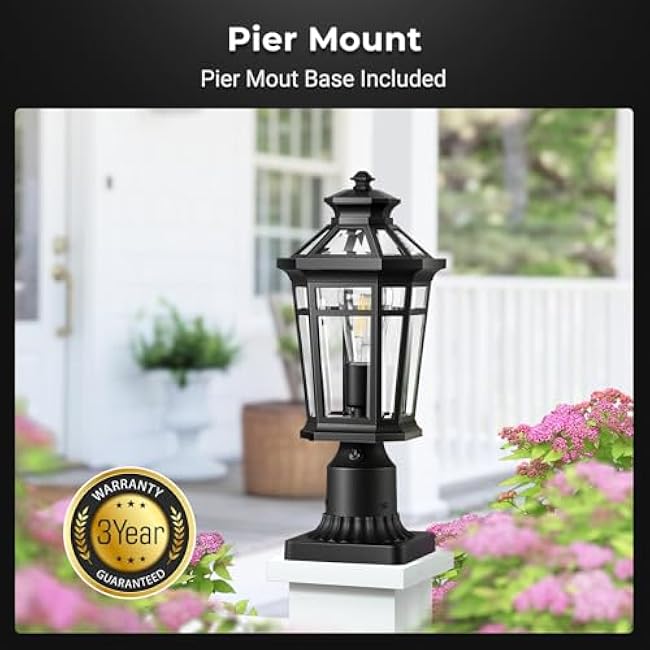 Outdoor Post Lights Hard Wired, 7¡Á17inch Dusk to Dawn Lamp Posts Outdoor Lighting, Black Modern Exterior Lamp Post Light Fixture with Pier Mount Base, Outdoor Pole Lights for Porch, Garden
