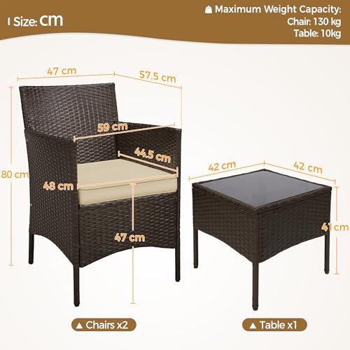 Yaheetech Balkonmöbel Set, Gartenmöbel-Set 3 TLG. inkl. 2 Stühle mit Sitzkissen & Tisch, Terrassenmöbelset Gartensitzgruppe Lounge Set aus PE-Polyrattan für Balkon Terrasse, Braun-Khaki 4