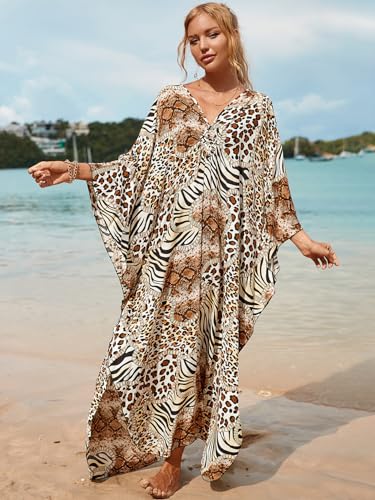 Women's Plus Size Animal Print V-Neck Batwing Kaftan Beach Dress Bathing Suit Cover-Up Loungewear2