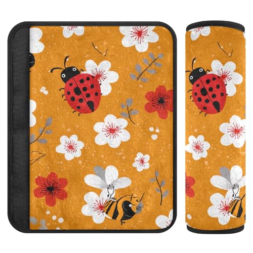 Image of Orange Sakura and Bees Seat Belt Cover Pad 2 Pcs Soft Cute Seatbelt Covers Protector Support Head Neck Shoulder Strap for Car Seats High Chair Backpack for Adults Kids Women Men 10x7.7In 2 Pack