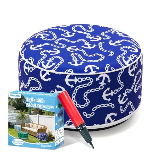 AURASUN Inflatable Outdoor Ottoman Pouf - Portable Footstool with Handle D20 x H10 - Air Pump Included for Outdoor Indoor Use - Comfortable Foot Rest or Seating for Camping or Pool (Navy Blue)