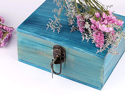 Wooden Keepsake Box, Dedoot Blue Wood Box with Lock Decorative Handmade Craft Small Latched Box for Jewelry Gift Storage and Home Decor, 9.3x7.6x4.5 Inch - Thumbnail 6