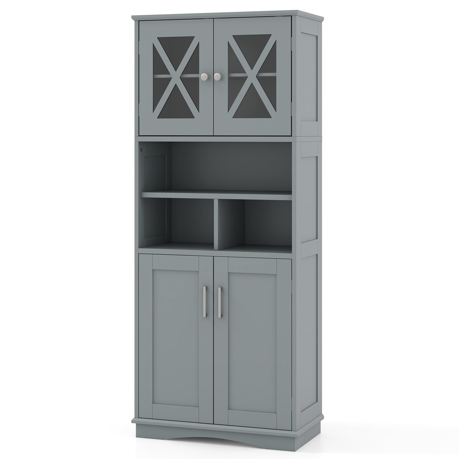 GIANTEX Badezimmerschrank, schmaler Badschrank mit 4 Türen, Verstellbarer Ablage & 3 offenen Fächern, Hochschrank für Badezimmer & Wohnzimmer (Grau,60 x 30 x 145 cm)