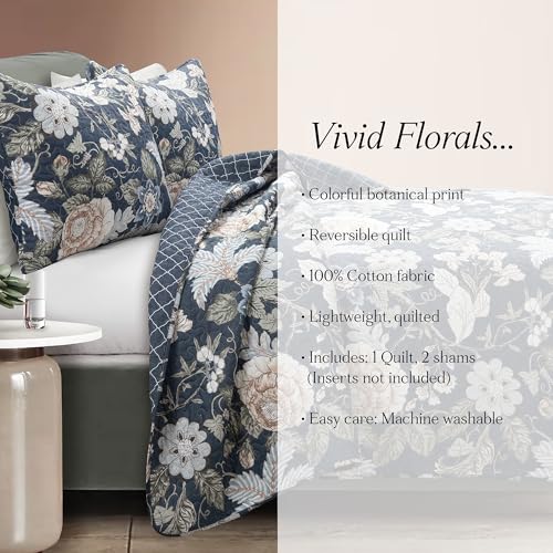 Image of Lush Decor Sydney Reversible Cotton Quilt Set, 3 Piece Set, Full /Queen, Navy & Multi - Cotton Bedding Set - Navy Floral Quilt - Cottage Decor - Bedding Queen Size