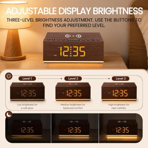 Hoifen Wooden Digital Alarm Clock, Wireless Charging & Bluetooth Speaker - Image 5
