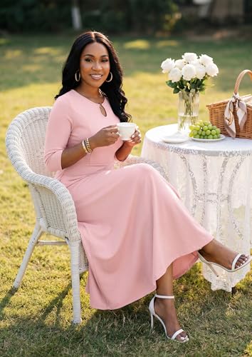 Image of FANDEE Women's Maxi Dress Casual Boho Plain Long Dresses 3 /4 Sleeve with Pockets