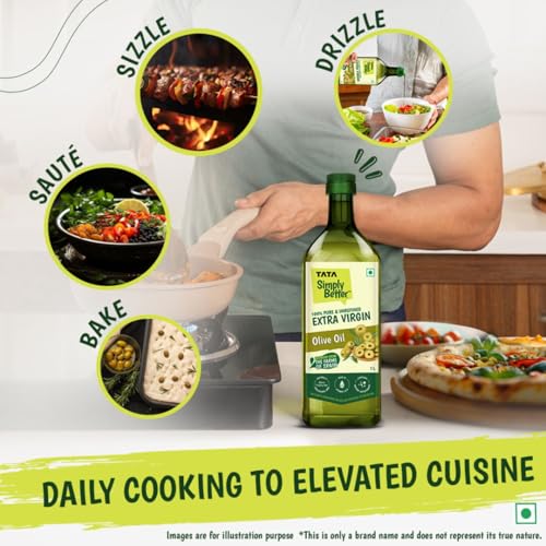 Image of Tata Simply Better Pure & Unrefined Extra Virgin Olive Oil, A1 Grade Olives From The Farms of Spain, Cold Press Extraction, Cholesterol & Trans Fat-Free, Natural Antioxidants, Rich in Vitamin E & K