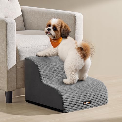 Feandrea 2-Step Dog Stairs Corduroy Dog Steps for Bed Sofa Waterproof Pet Stairs with Anti-Slip Designs Gentle Slope Removable Washable Cover Handle Slate Grey PPS002GN01